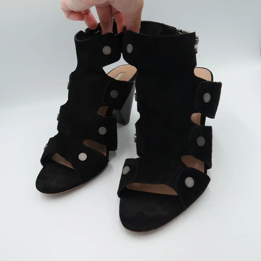 Audrey Brooke Katy Womens Black Suede Studded Cage Cone Heel Sandals Size 7.5